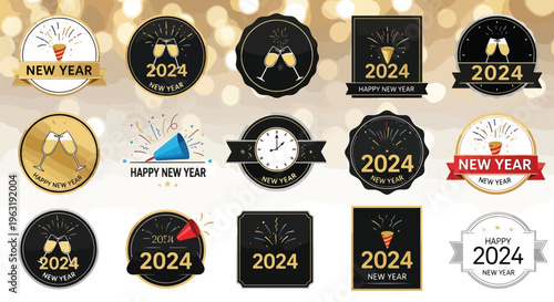 Collection of various 2024 New Year celebration badges and labels in gold and black colors for festive designs