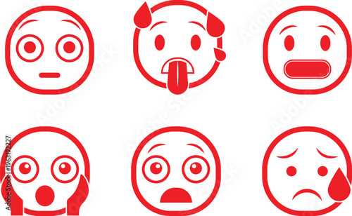 Set of red emoji icons with various facial expressions including shock fear and sadness. cartoon emoji faces. Vector illustration