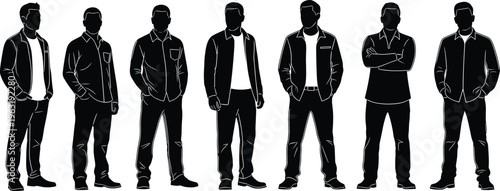collection of standing men silhouettes, casual male poses, people outline set, isolated black figures, character reference for design illustration pack