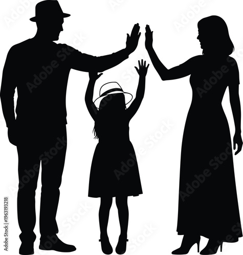 Family silhouettes parents and child giving high five together black vector illustration isolated on white background love bonding happiness concept