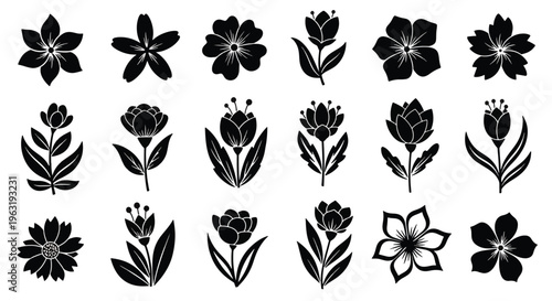 A collection of various floral designs featuring flowers and leaves in black on a solid color surface for creative projects and designs