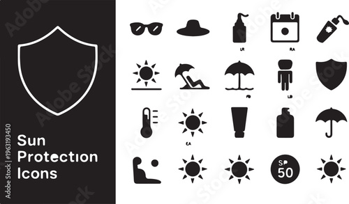 A set of minimalist black and white vector icons illustrating sun protection, summer safety, and beach essentials, ideal for web and app design projects