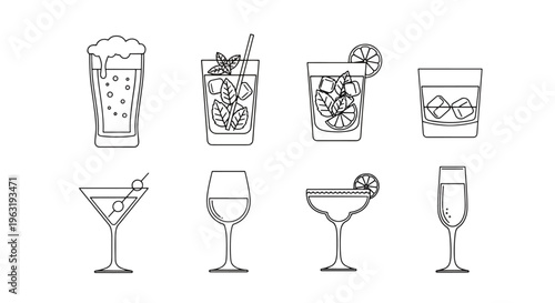 The monochromatic collection showcases assorted alcoholic beverages in glassware, featuring drinks like beer, cocktails, wine, and champagne, perfect for a refined graphic or creative design