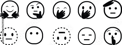 Set of minimalist hand-drawn emoji icons featuring various facial expressions and gestures.