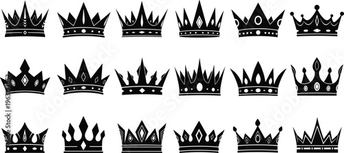 Black, royal, crown, silhouettes, set, featuring, various, majestic, tiara, and, diadem, designs, with, intricate, jewel, details, isolated, on, white.