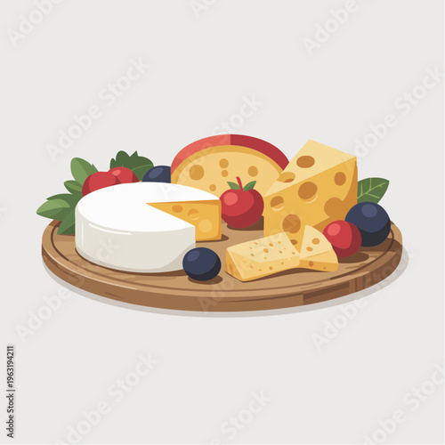 Colorful illustration of assorted cheese board with fruits