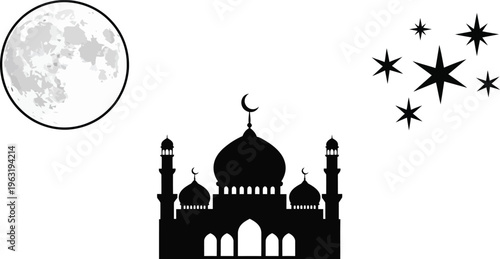 Mosque silhouette with a full moon and stars representing Islamic culture and religious holidays isolated on white background