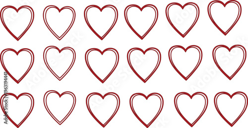 A collection of 20 red heart outlines arranged in four rows of five