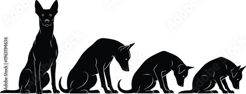 Collection of black shepherd dog silhouettes in various stages of sitting and bowing for obedience training animal behavior and pet care