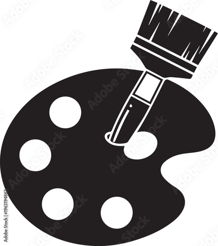 Artistic paint palette and brush vector icon, creative art supplies graphic, artist tools illustration, black and white design element for creative projects