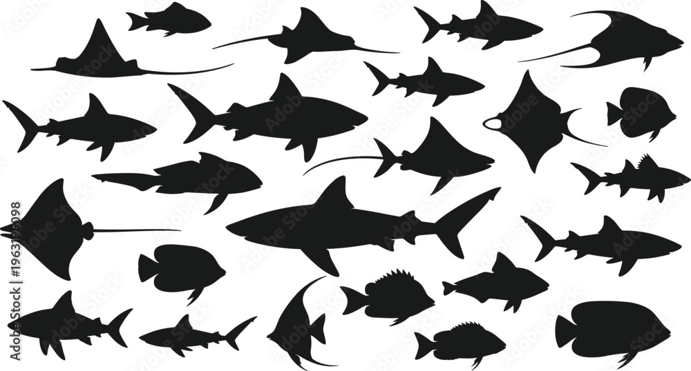 Fototapeta premium Comprehensive Black Silhouette Collection of Marine Life Featuring Sharks Stingrays and Tropical Fish Shapes for Underwater Graphic Design Projects and Ocean Themed Illustrations