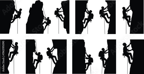 Collection of rock climber silhouettes ascending steep cliffs with ropes and harnesses for extreme sports adventure and outdoor mountain recreation