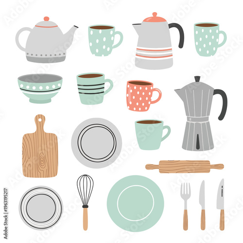 A collection of various kitchen utensils and tableware for food preparation and serving at home every day