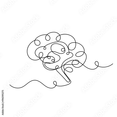Continuous line drawing of a human brain representing mental health and creativity 