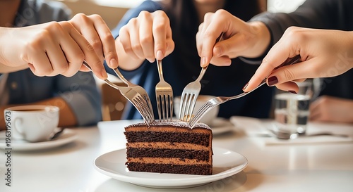 Chocolate cake sharing with friends, forks clashing over dessert