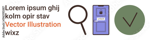 Data security, user authentication, access control, identity verification, search process, approval actions. A magnifying glass, locked door and checkmark. Data security and user authentication