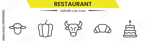 Restaurant icons depicting dining, food, menu, chef, kitchen, service, table, reservation, cuisine, cooking, and hospitality.