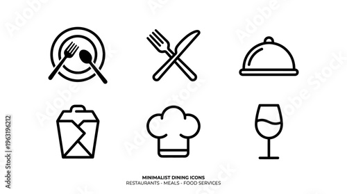 Minimalist black line icons of dining and food service symbols including plate, fork, knife, cloche, takeout container, chef’s hat, and wine glass, representing restaurants and hospitality.
