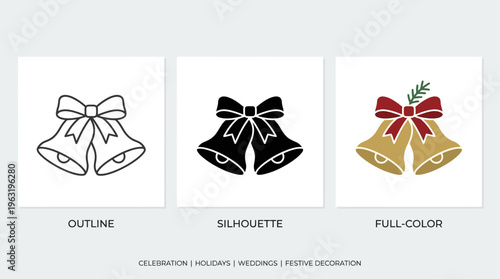 Outline, silhouette, and full-color icons of holiday bells with bow and leaves, symbolizing celebration, weddings, and festive decoration in versatile decorative design styles.