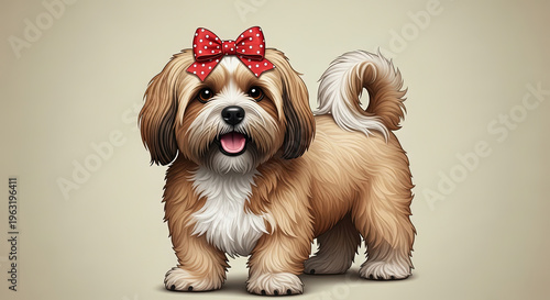 Cute dog wearing a red bow smiling on light background  