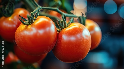 Close-up of plump, ripe tomatoes on vine
