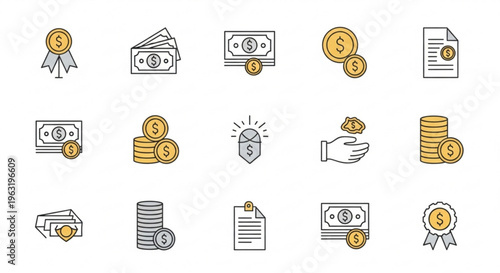 A set of flat vector icons depicting various financial symbols and money concepts