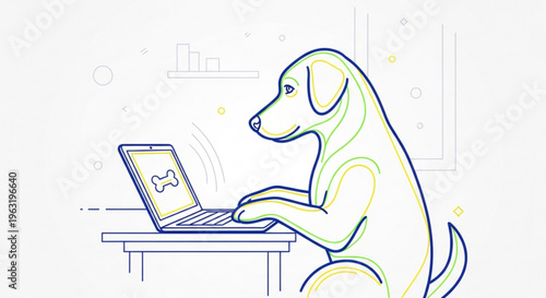 A dog sitting at a desk working on a laptop computer with a bone on the screen