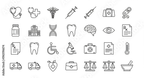 A collection of medical icons and symbols in a flat design style