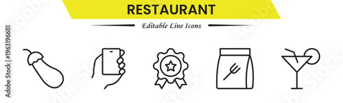 Restaurant icons depicting dining, food, menu, chef, kitchen, service, table, reservation, cuisine, cooking, and hospitality.