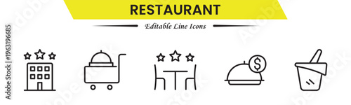 Restaurant icons depicting dining, food, menu, chef, kitchen, service, table, reservation, cuisine, cooking, and hospitality.