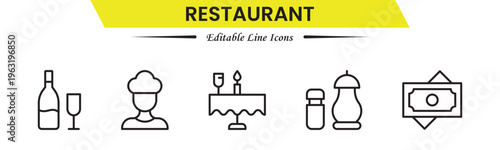 Restaurant icons depicting dining, food, menu, chef, kitchen, service, table, reservation, cuisine, cooking, and hospitality.