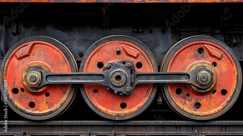 Close-up of rusty, orange train wheels and connecting rods
