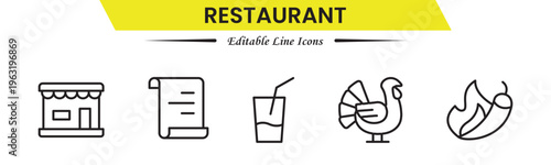 Restaurant icons depicting dining, food, menu, chef, kitchen, service, table, reservation, cuisine, cooking, and hospitality.