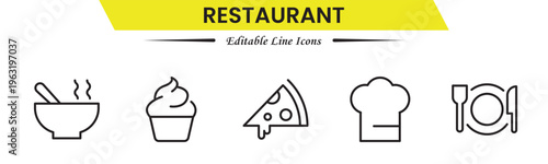 Restaurant icons depicting dining, food, menu, chef, kitchen, service, table, reservation, cuisine, cooking, and hospitality.