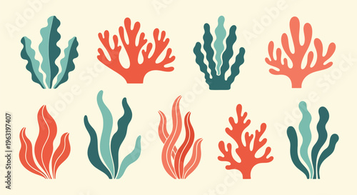 Coral reef elements in red and green on beige background