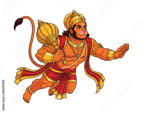 Lord Hanuman flying with mace, Hindu deity Bajrangbali vector illustration for Ram Navami and Hanuman Janmanti festivals.