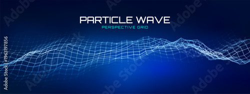 Network 3D particles tech light data and AI sound wave blue lines. Banner illustration for education business graphics. Neural hi-tech science. Vector Illustration.