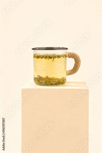 Minimalist Green Tea in Glass Mug on Pedestal, Healthy Beverage Background, Modern Still Life Wallpaper