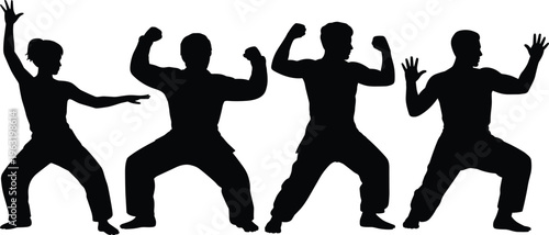 Black silhouettes of diverse martial arts fighters practicing karate kung fu and taekwondo stances isolated on a clean white background