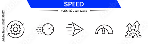 Speed and performance icon set. Containing fast, productivity, indicator, turbo, speeding and speedometer icons. Thin line icon collection. Vector illustration.