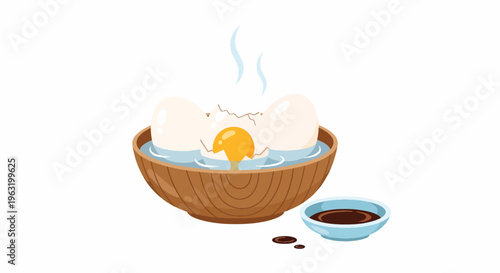 Soft Boiled Eggs in a Wooden Bowl with Dipping Sauce