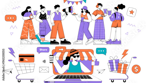 Modern Flat Vector Illustration of Entrepreneurs Networking, Influencer Marketing, and Online Shopping Services.eps