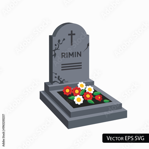 Gray tombstone with colorful flowers on a white background