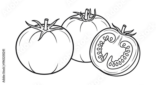 Fresh tomatoes in a line drawing.