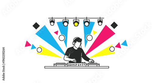 Young man wearing headphones DJing music.