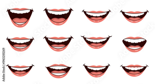Smiling mouths with white teeth and lips.