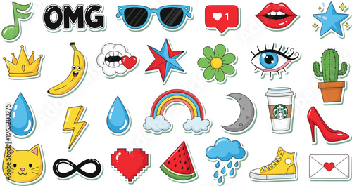 Trendy Sticker Collection with Emoji, Fashion, Food and Fun Symbols, Colorful Cartoon Doodle Icons Vector Set for Social Media Design