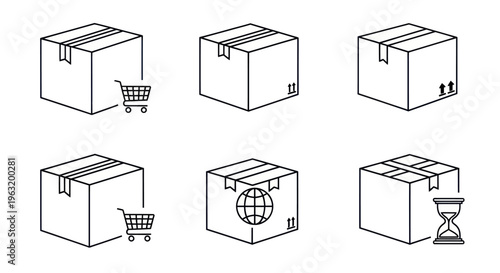 Boxes with shopping cart and symbols.
