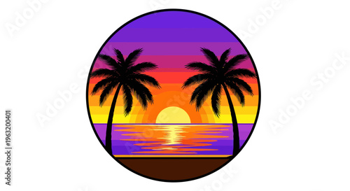 Palm trees at sunset beach scene.