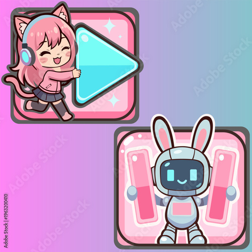 Kawaii anime girl and robot game buttons. Cute cat girl with headphones and rabbit robot for mobile app interface. Play and pause icons in pink and blue colors
